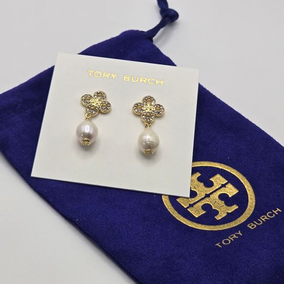NEW Tory Burch Kira Clover Pearl Drop Earrings Gold Crystal Pave Dangling Gift - Picture 3 of 6